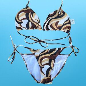 90s Y2K  Groovy Mod Print String Bikini Size M Bottoms XL Top Brown Beige